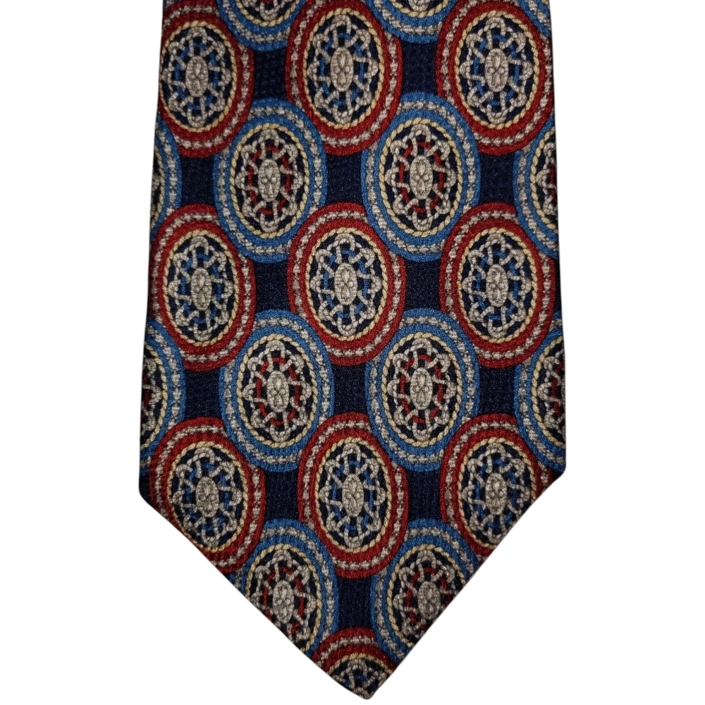 Christian Dior Silk Necktie Men's Preppy Red Blue Medallion Designer Tie EUC